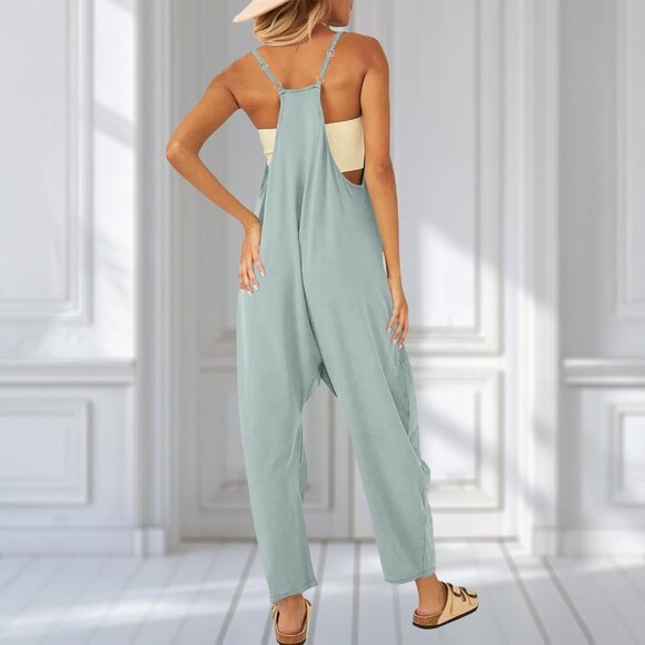 Women Green V Neck Sleeveless Jumpsuit Spaghetti Straps Harem Long Pants Overall - Picture 5 of 6